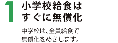 1　小学校給食はすぐに無償化 中学校は、全員給食で無償化をめざします。