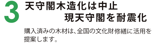 3　天守閣国増加は中止　源天守閣を耐震化 購入済みの木材は、全国の文化財修繕に活用を提案します。